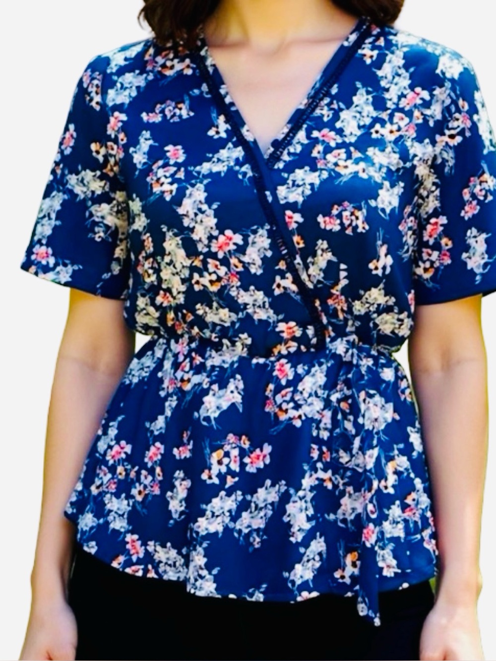 Sienna Sky Navy Blue Floral Blouse Wrap Top Size S